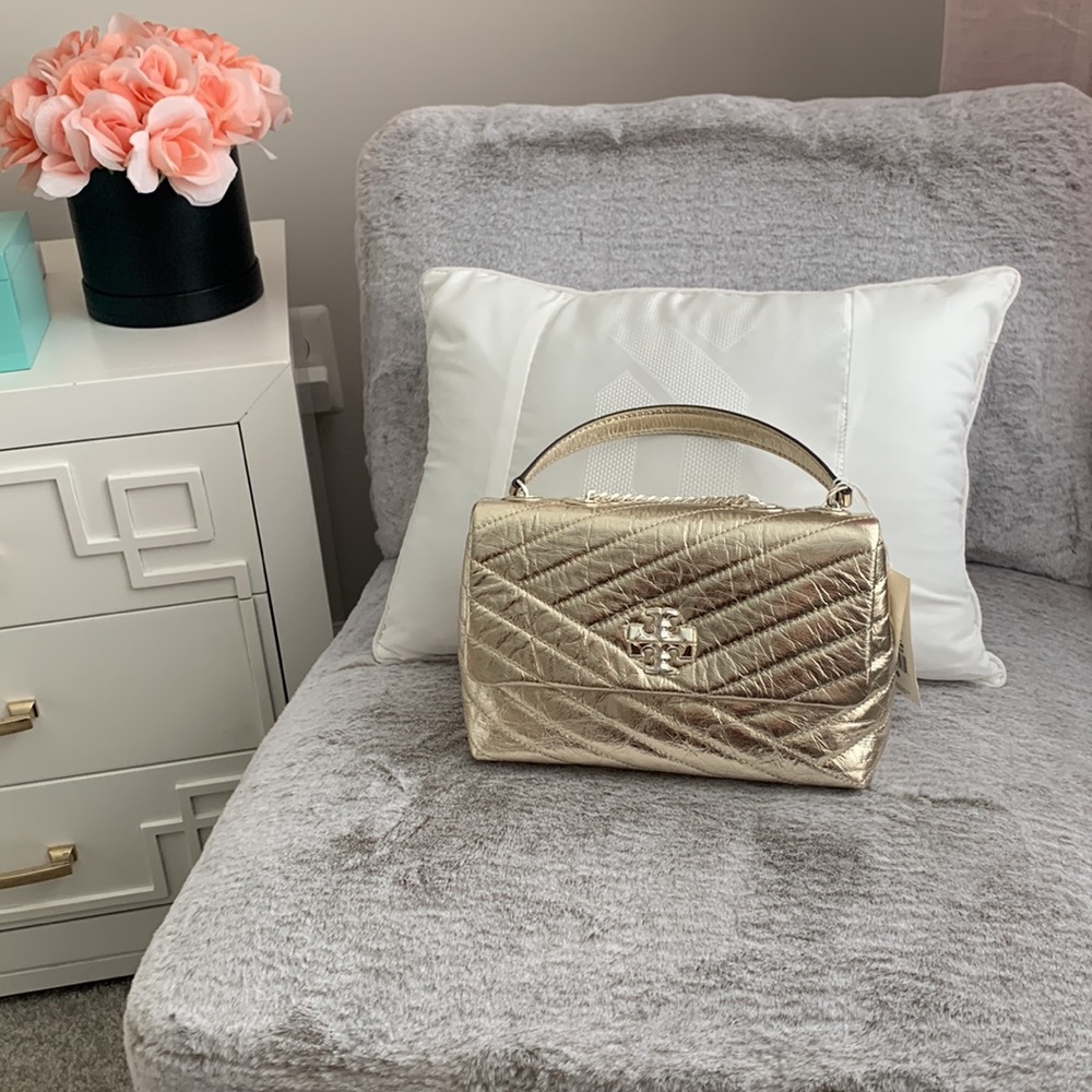 TORY BURCH | Kira Chevron Metallic Gold Leather Small Convertible Shoulder Bag
